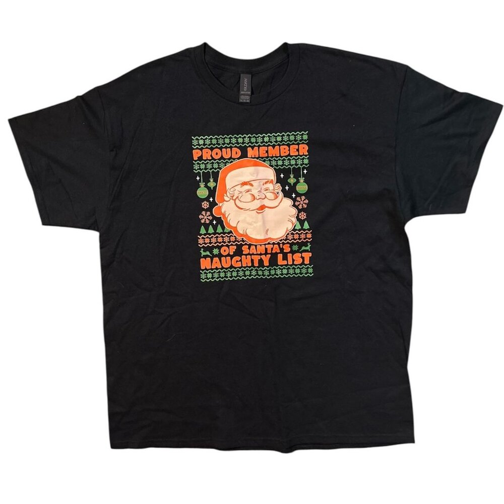 “Proud Member of Santa’s Naughty List” Graphic Tee Gildan HC Black Size XL NWT